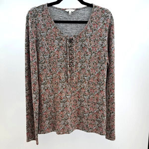 Lucky Brand Blouse Top L Floral Lace Up Front Long Sleeve Knit Gray Pink
